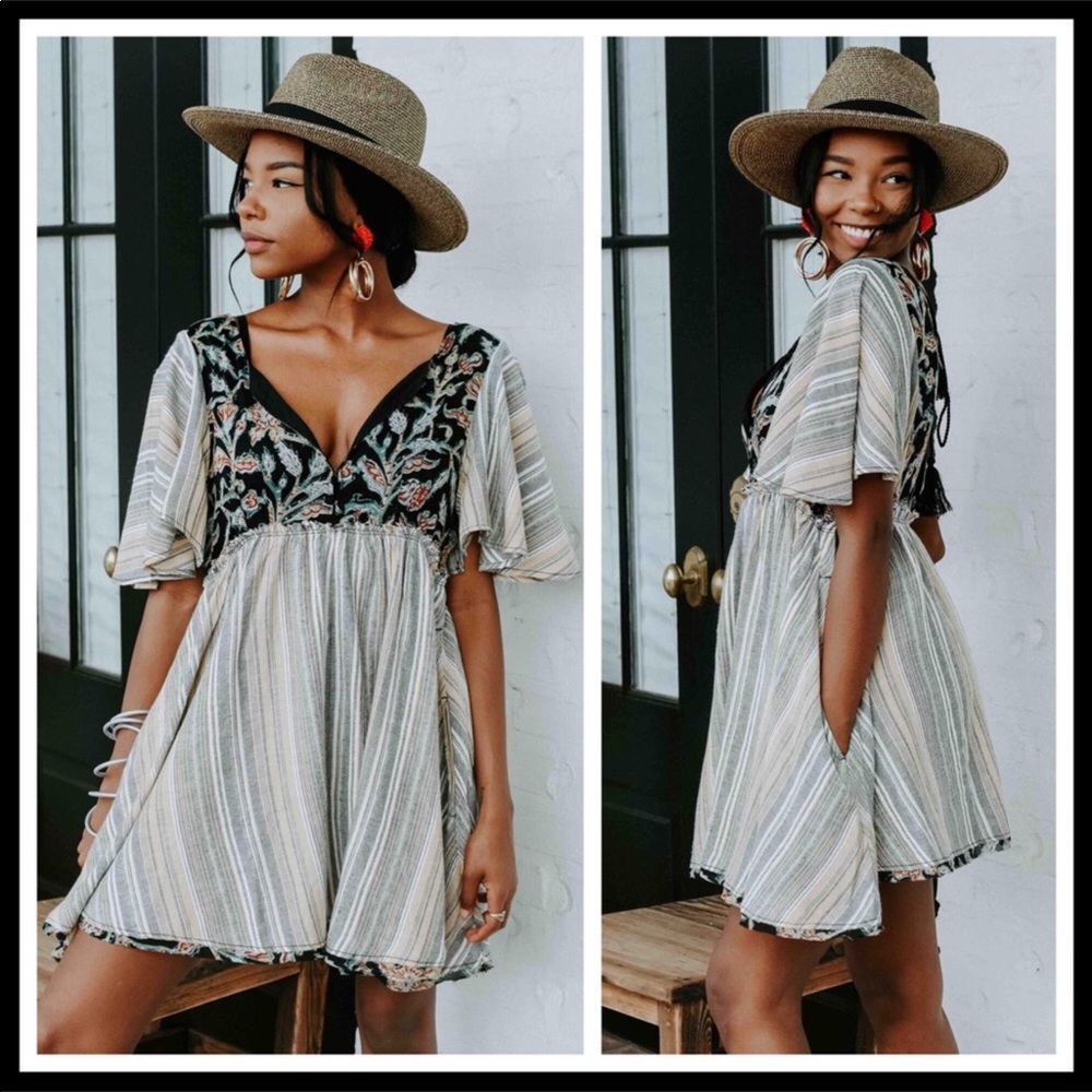 FREE PEOPLE BOHO BLACK PRINT MINI TUNIC DRESS A2C - Picture 4 of 8